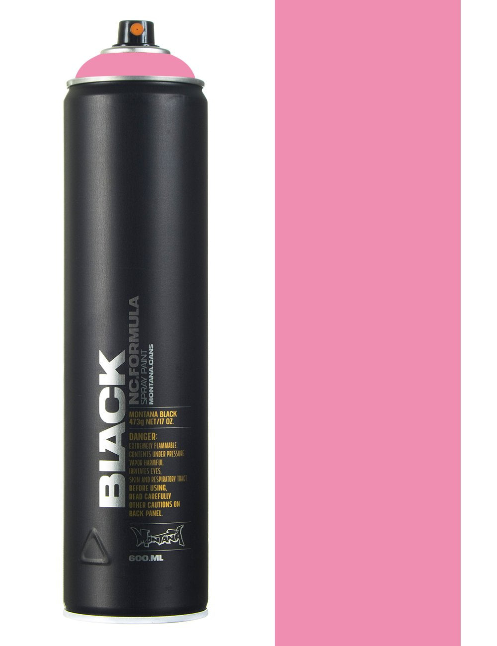 Spray paint can with black body and pink spray cap, vertical can markings