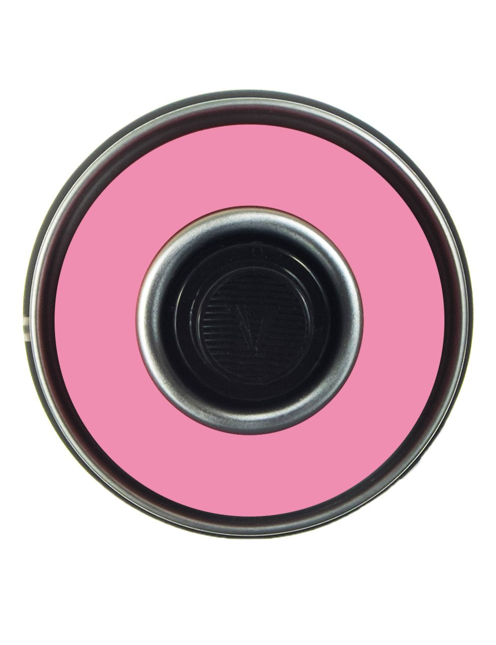 Spray paint can top view with pink underside and metal opening rim