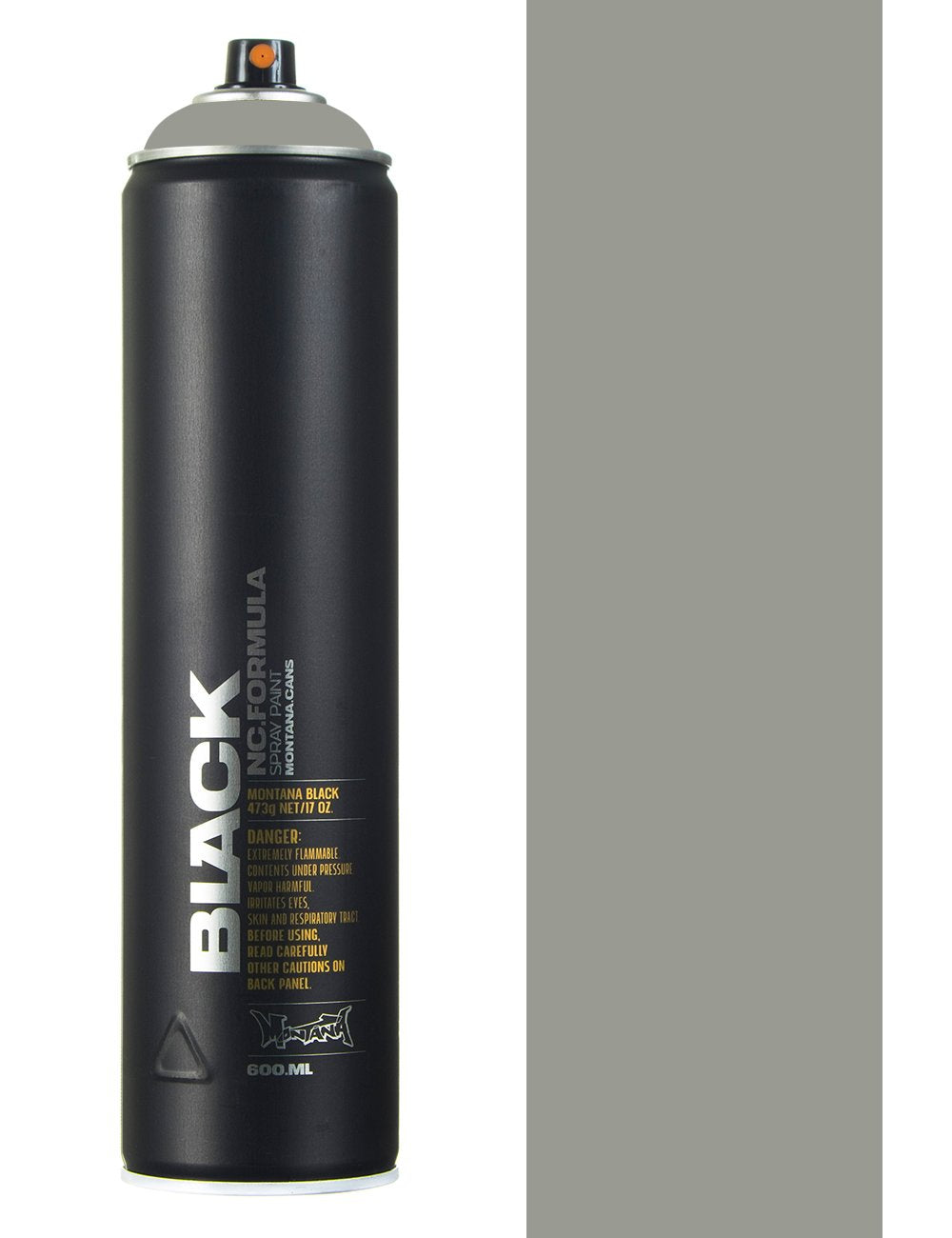 600ml spray paint can, black finish, flip-top nozzle and label details