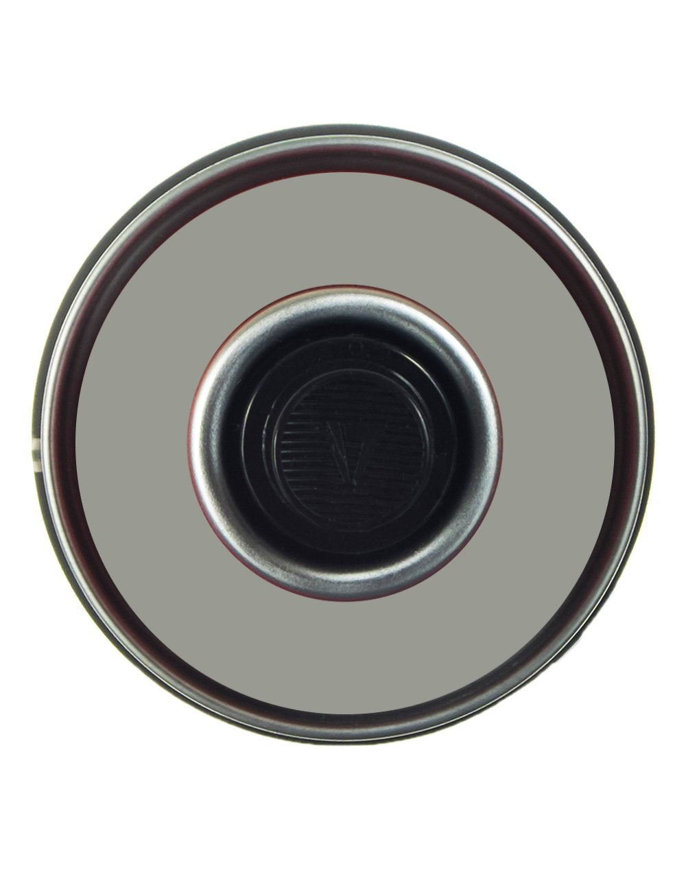 Spray paint can top with cap and nozzle opening, circular rim in dark metal
