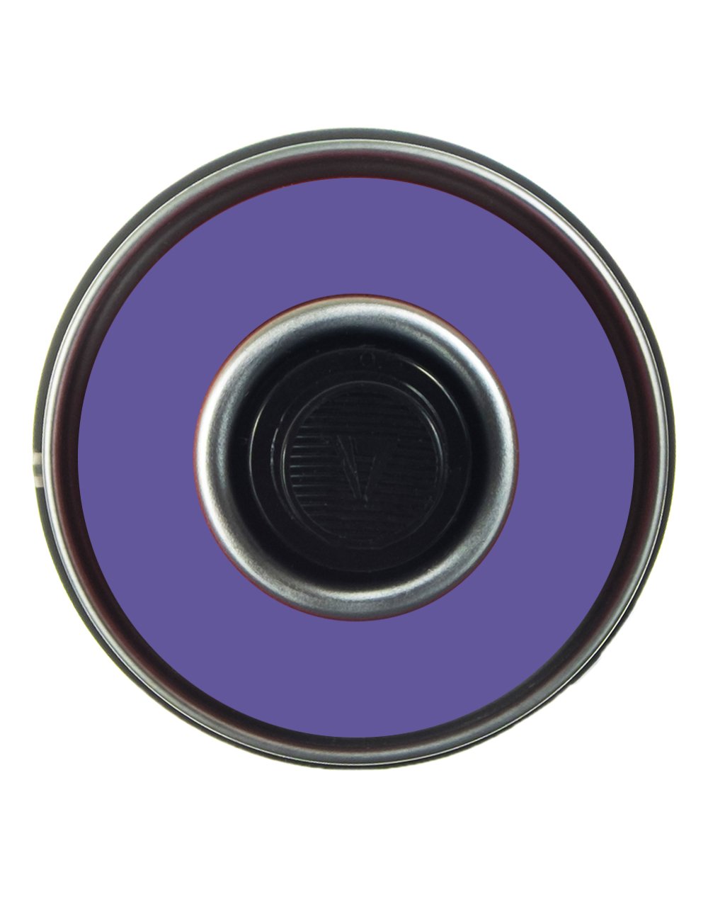 Spray paint can top view with purple cap and metal nozzle