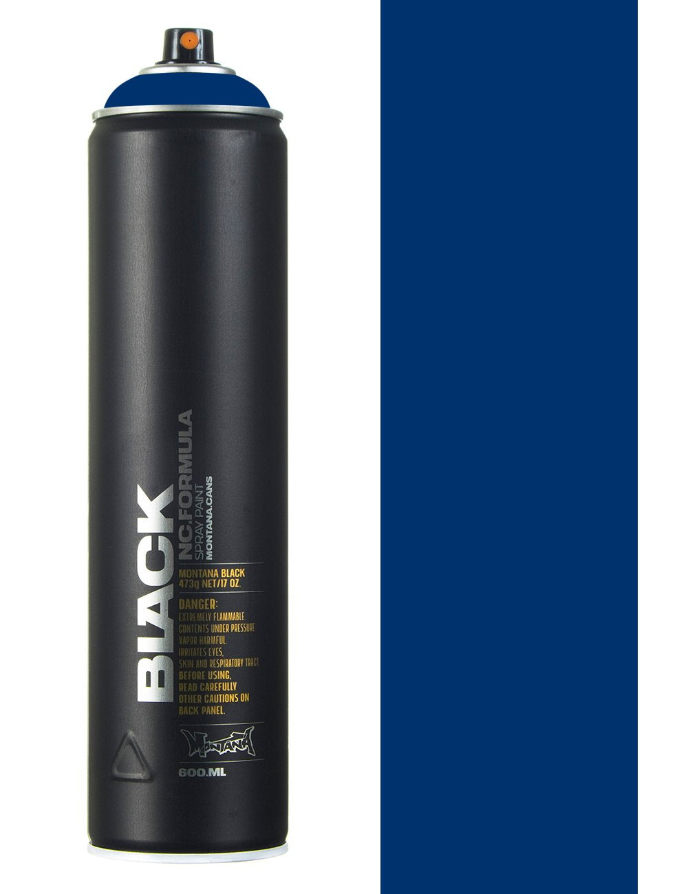 Ultramarine spray paint can, black body with blue cap and yellow label details