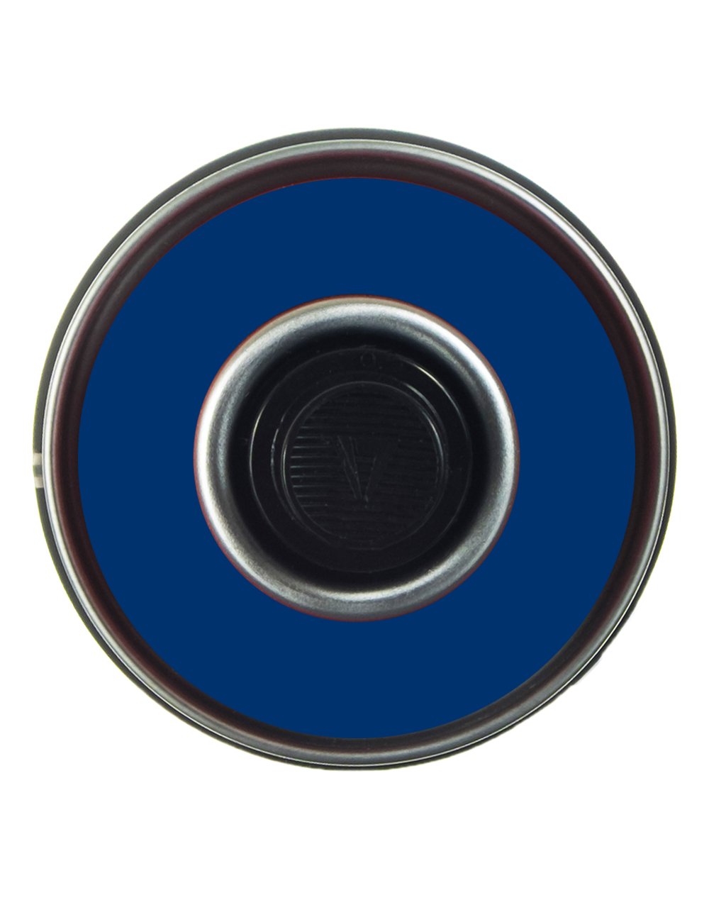 Spray paint can lid with blue top and silver nozzle opening