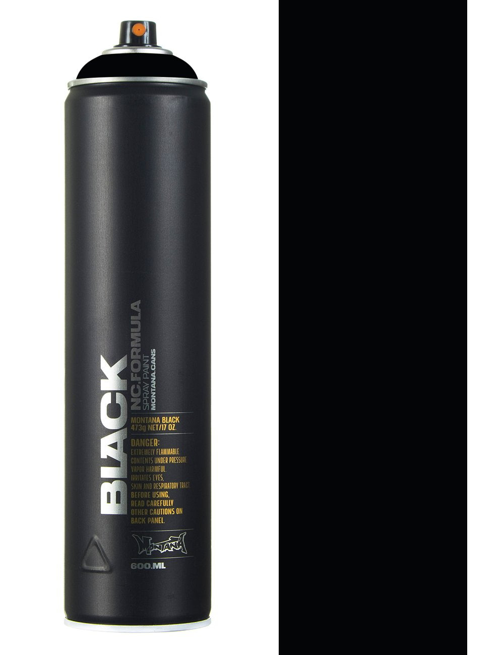 Black spray paint can with orange nozzle and vertical label