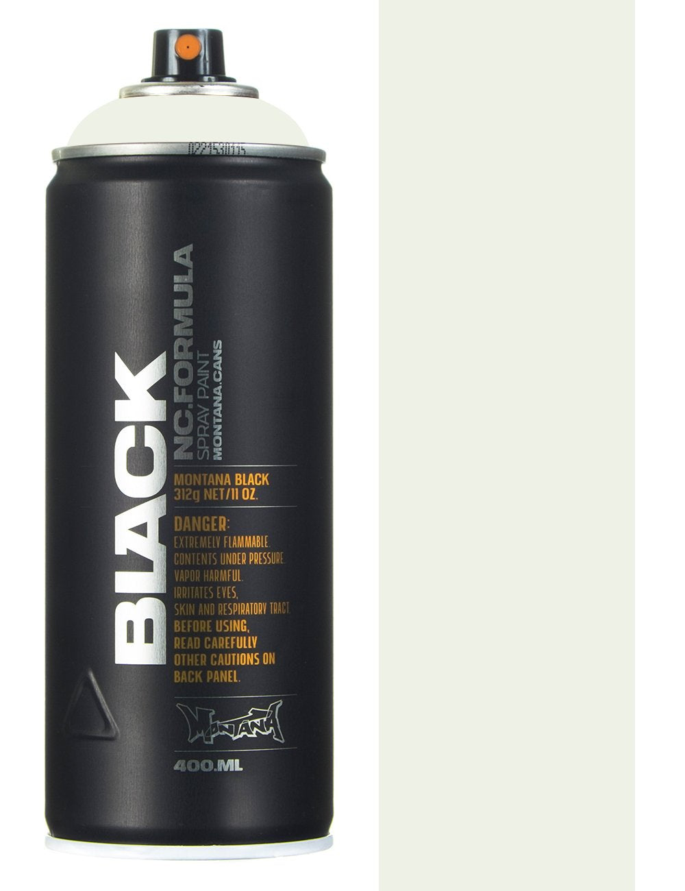 Black spray paint can with orange nozzle, tall cylindrical aerosol canister