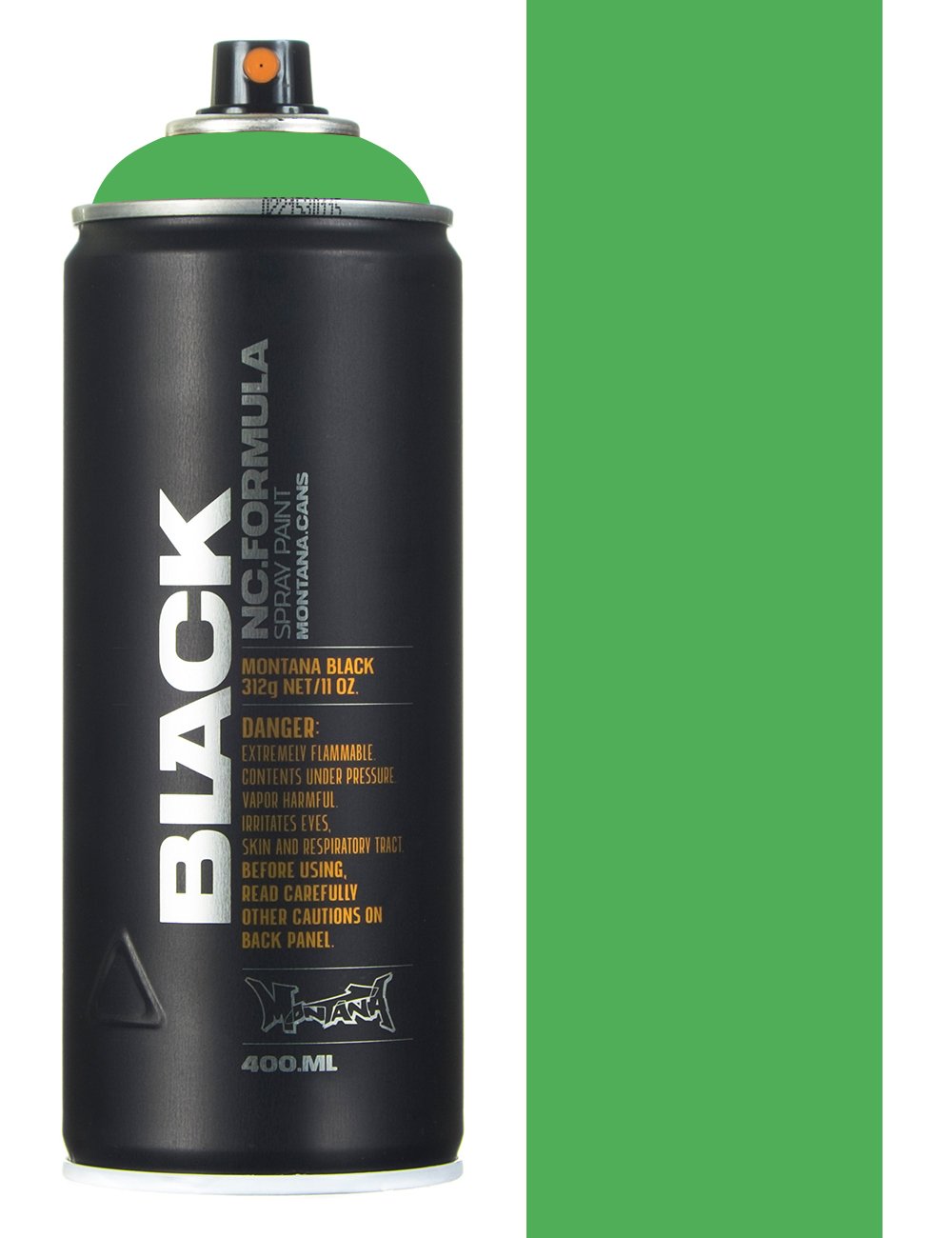 Spray paint can with black body and green cap, 400 ml