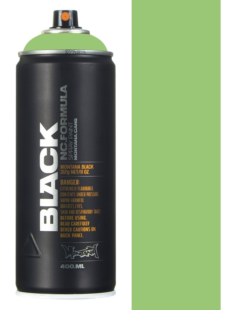 Spray paint can with green cap and black body, aerosol nozzle on top.