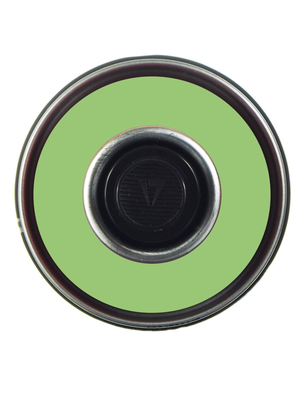 Spray paint can nozzle opening with green underside and metallic rim.