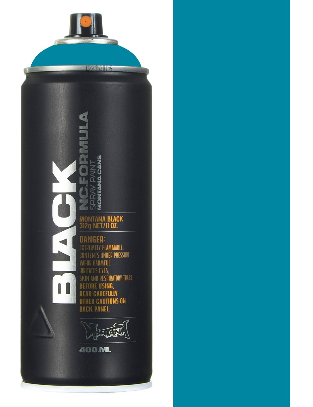 Spray paint can, black body with blue cap and nozzle, 400 ml.