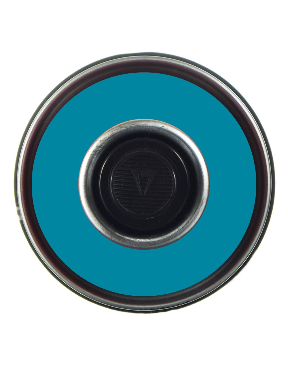 Spray paint can top view with metal rim and black nozzle opening.