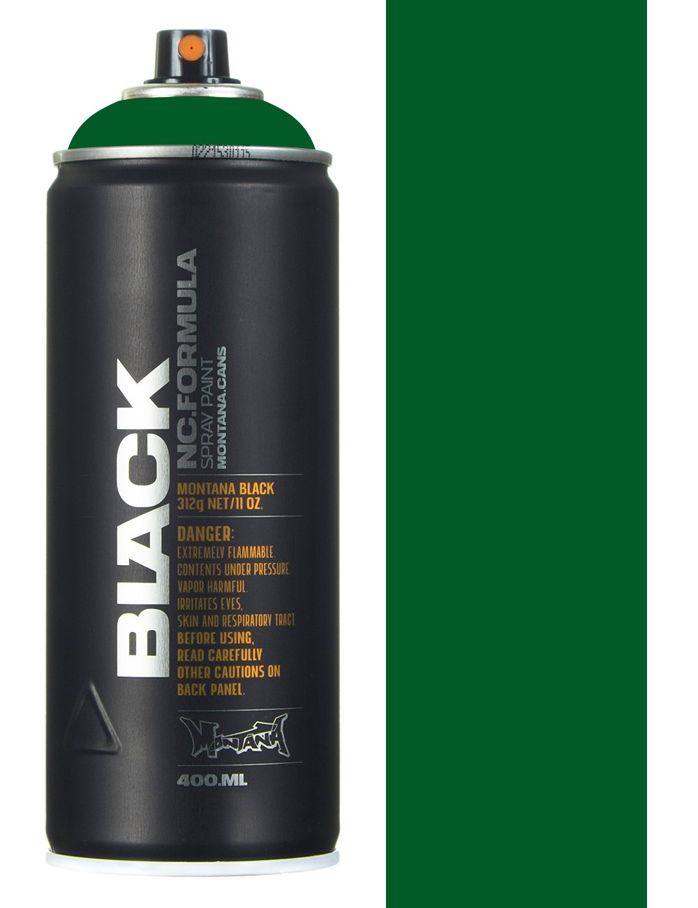 Spray paint can with green cap, black canister, front label visible