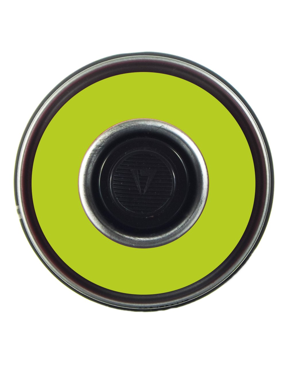 Spray paint can nozzle top view with lime green rim and black valve