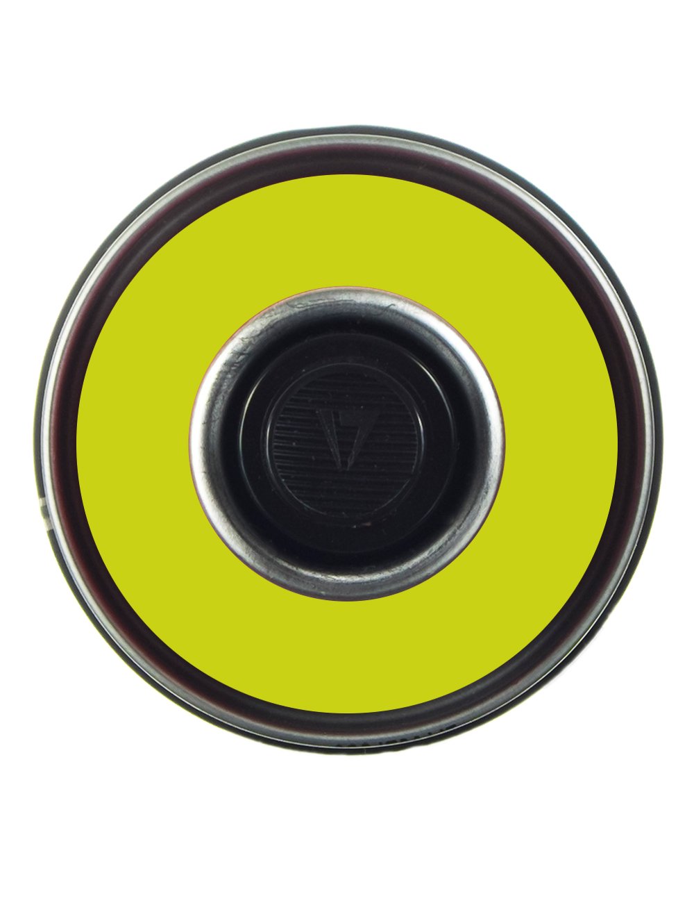 Spray paint can top view with lime yellow lid and dark nozzle opening