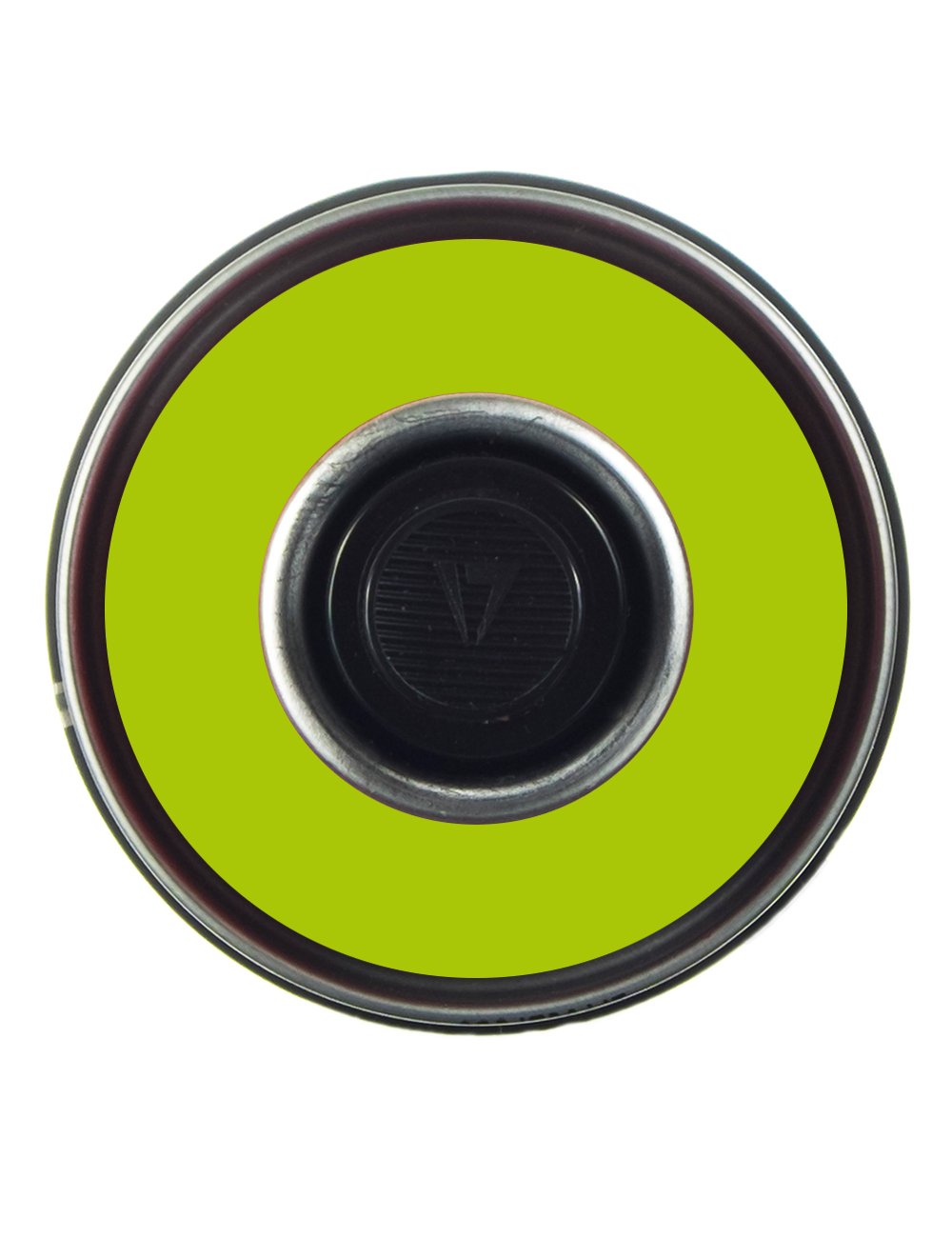 Spray paint can top view with green label and black nozzle