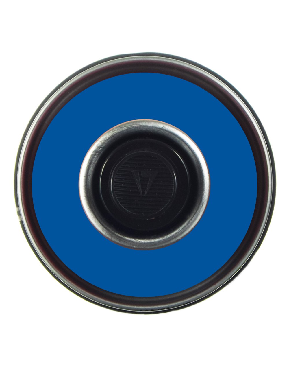 Spray paint can underside with blue rim and black base valve, circular seal
