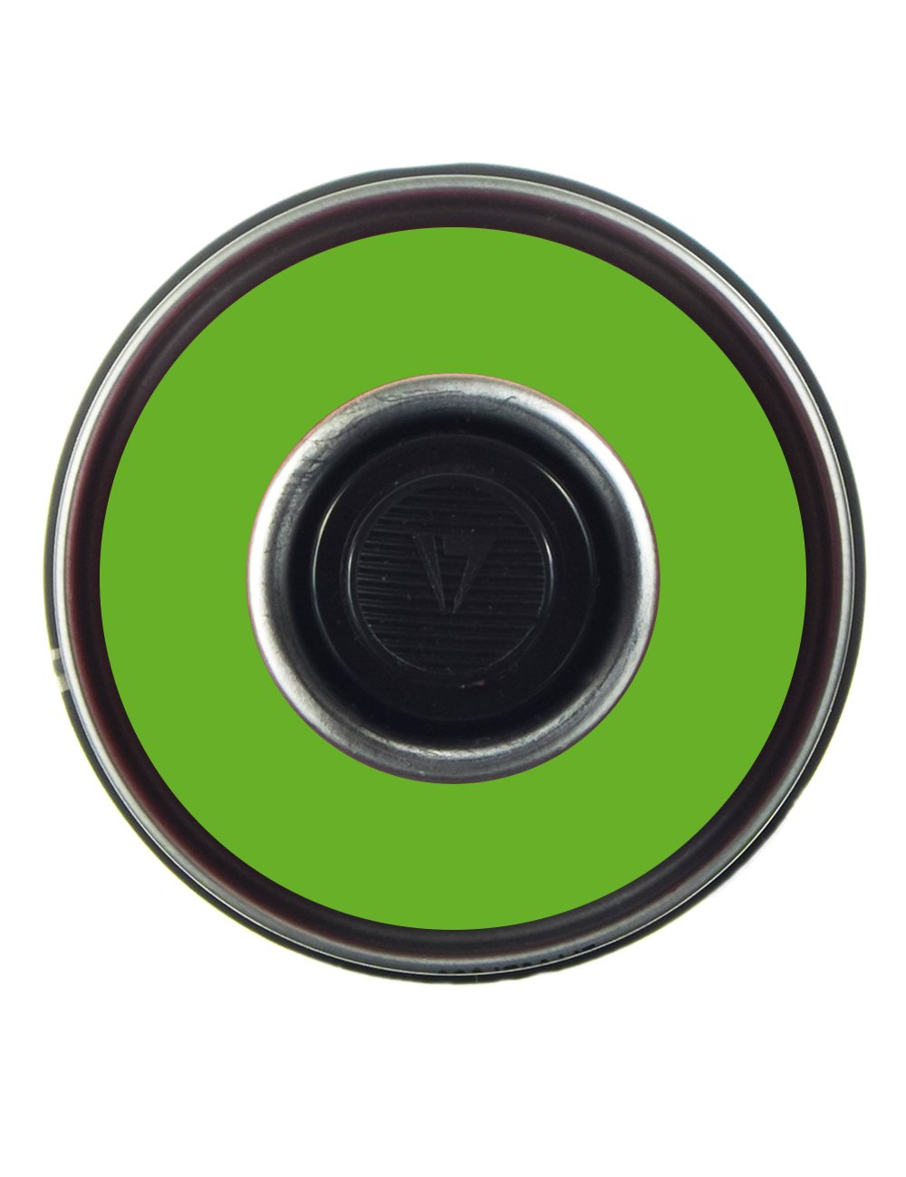 Spray paint can top with green lid, metal rim, and nozzle opening in the center