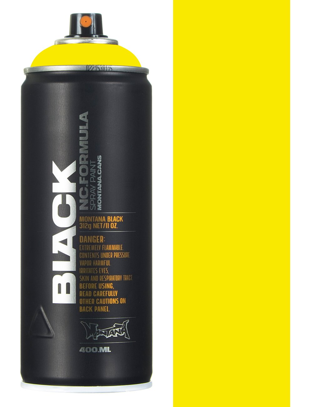 True Yellow spray paint aerosol can, black with yellow cap and black nozzle, 400 ml.