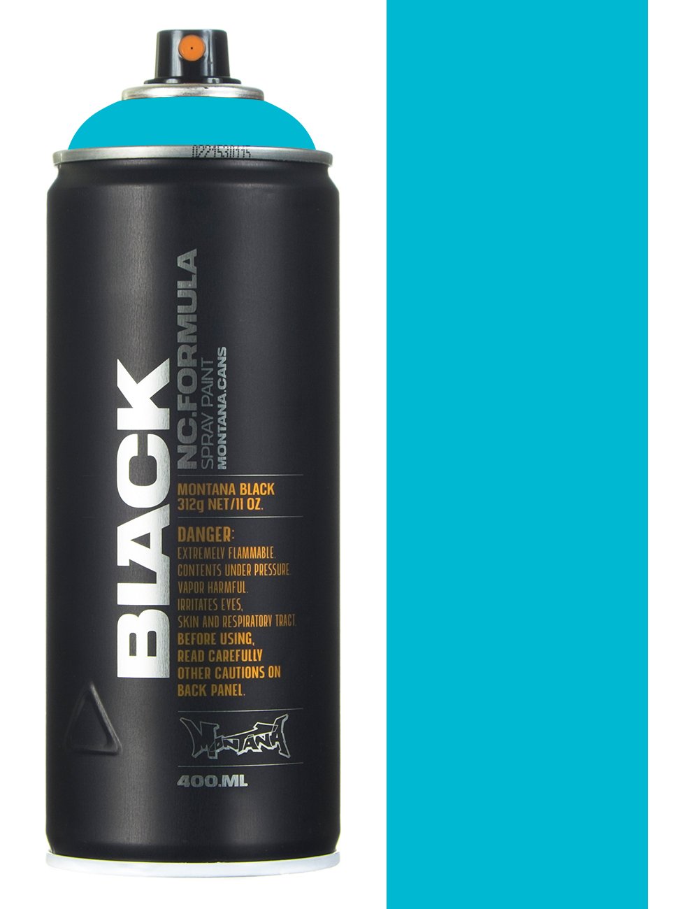 Spray paint can with black body and True Cyan blue cap, 400 ml