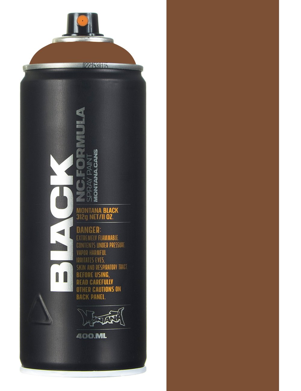 Spray paint can, dark brown cap and black body with branding label