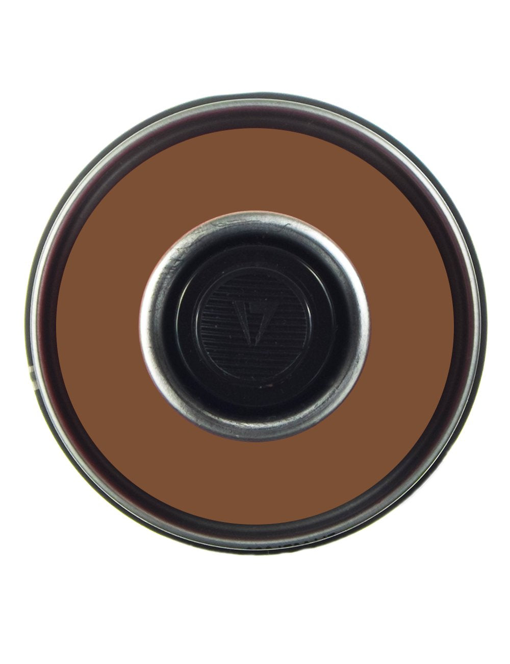 Spray paint can top view with brown label ring and black spray nozzle