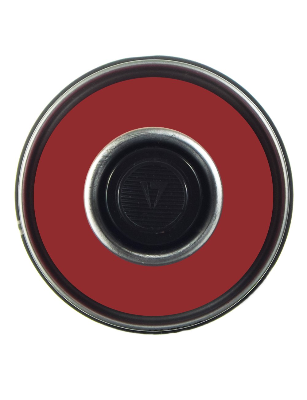 Spray paint can cap viewed from above, red top ring with black center