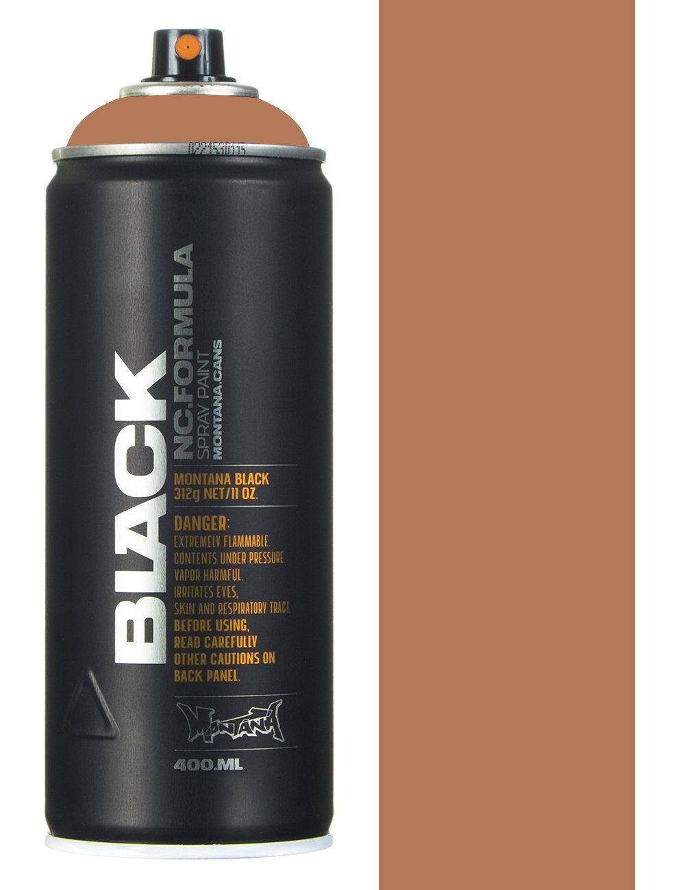Spray paint can with brown cap and black body, 400 ml label