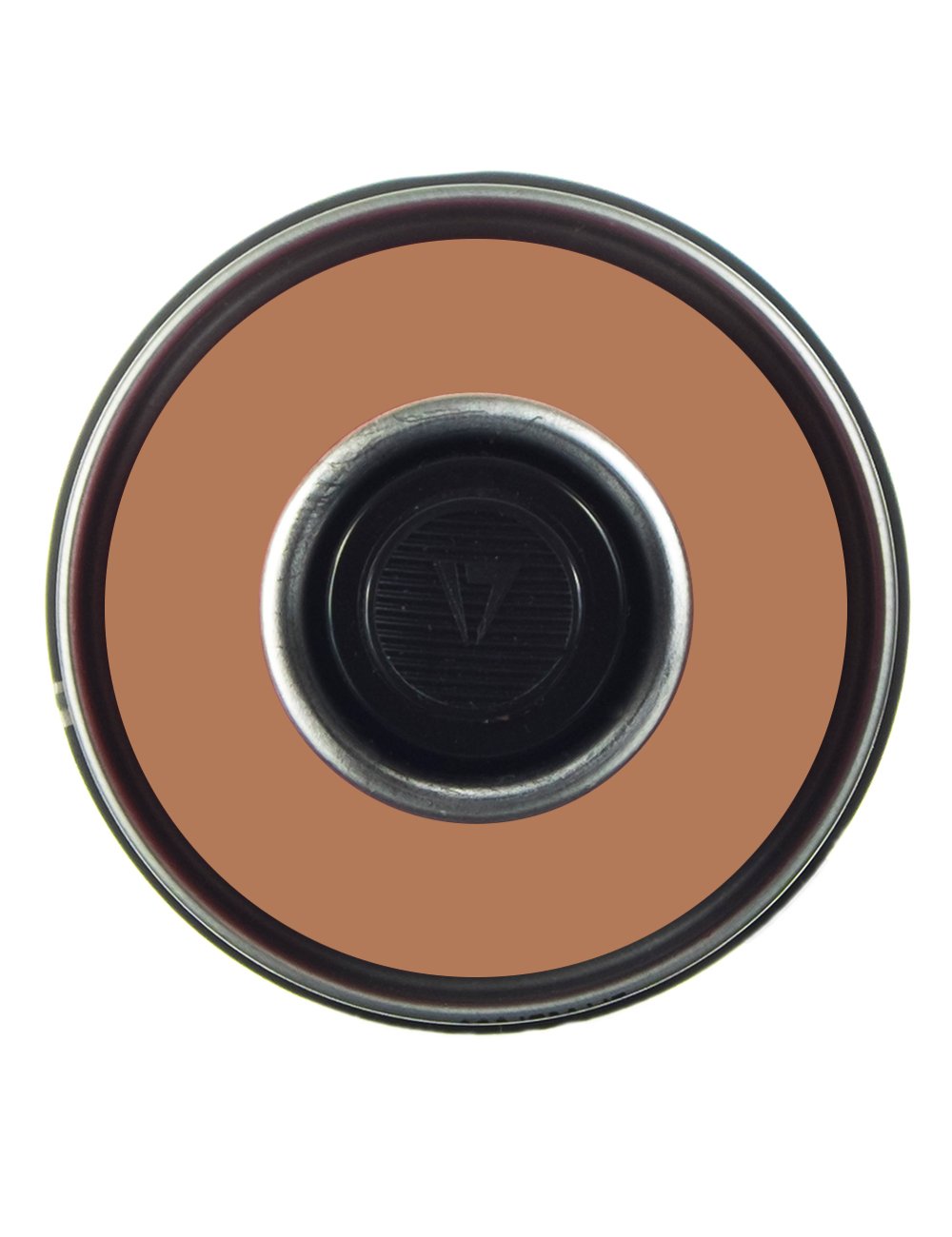 Spray paint can nozzle view, dark circular valve opening with brown rim