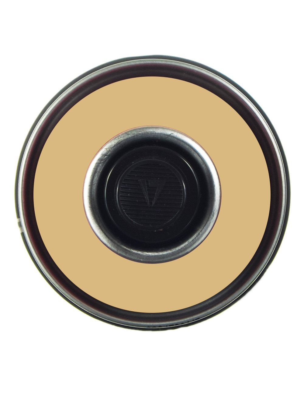 Beige spray paint can top view with black nozzle insert and round rim