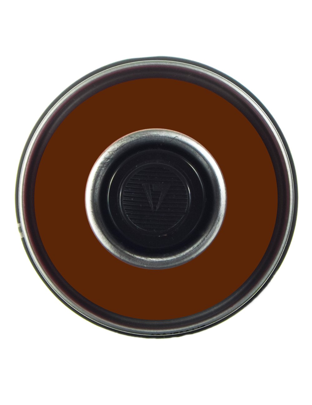 Spray paint can lid with central valve, viewed from above