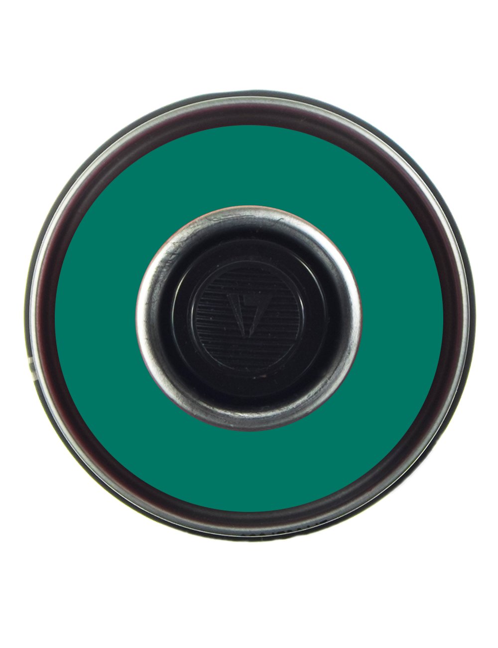 Spray paint can nozzle end with green cap and metal ring