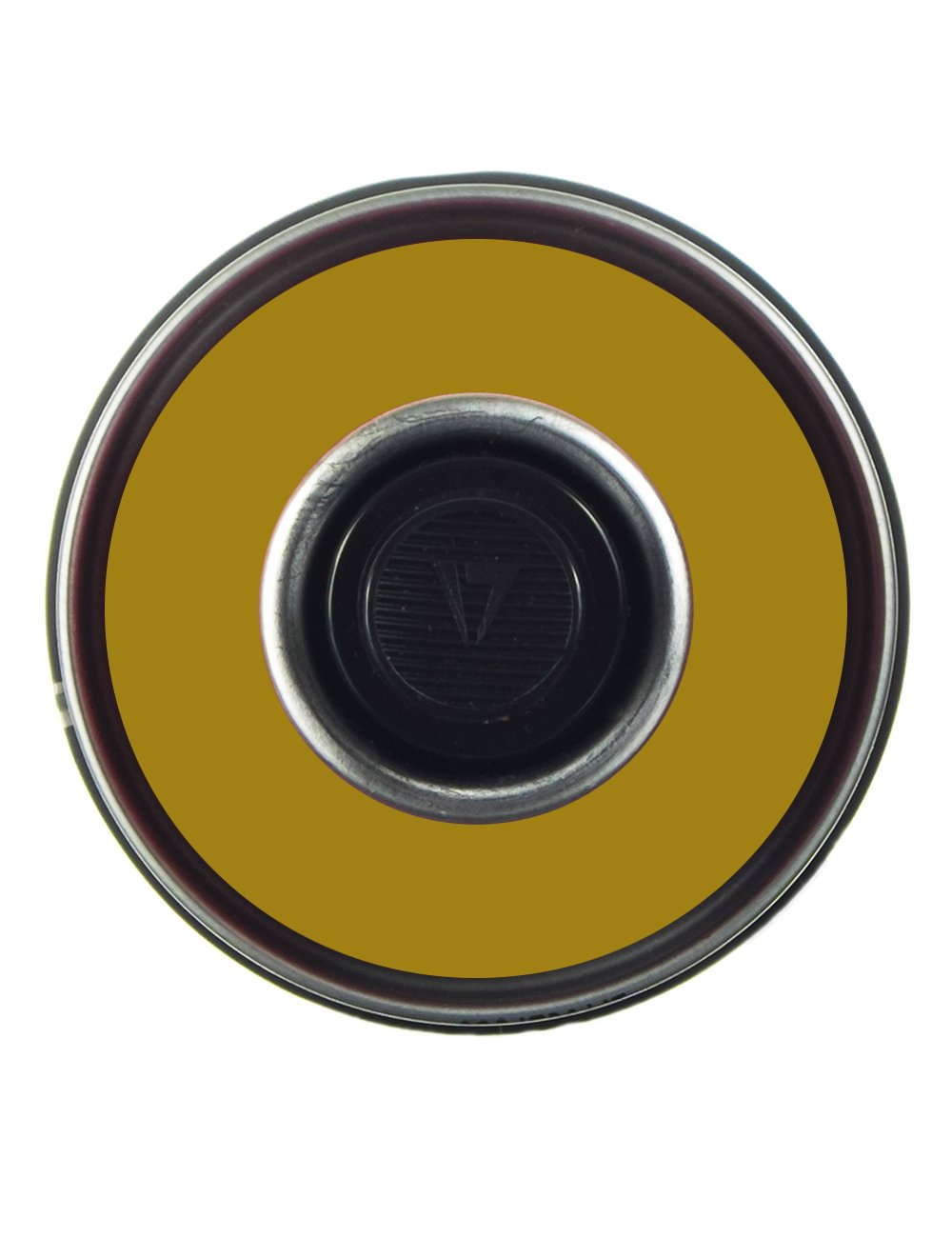 Spray paint can cap top view, gold lid and dark nozzle
