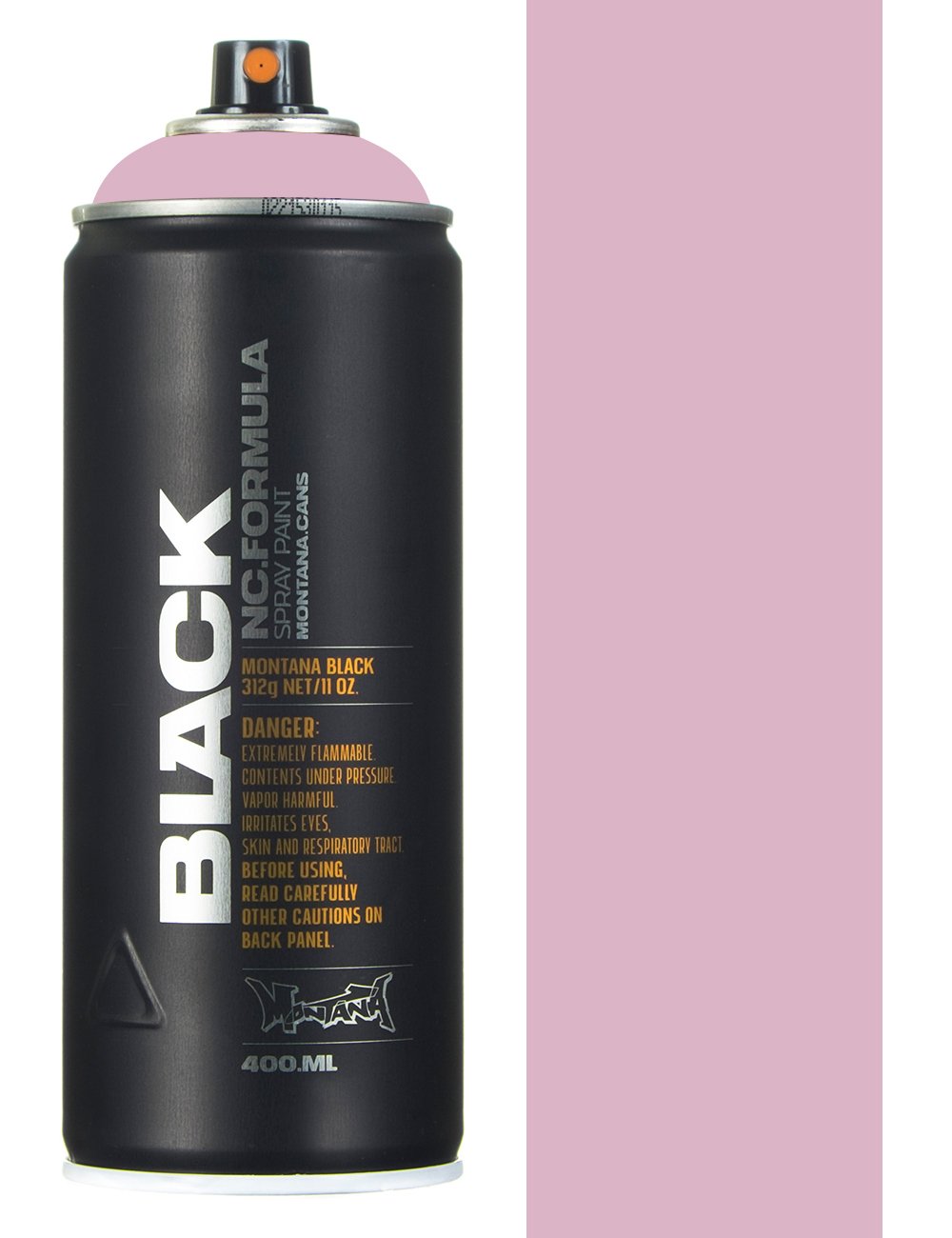 Black spray paint can with pink lid and front label, 400 ml volume