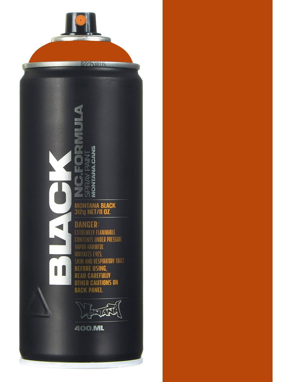 Aerosol spray paint can with black body and orange color swatch