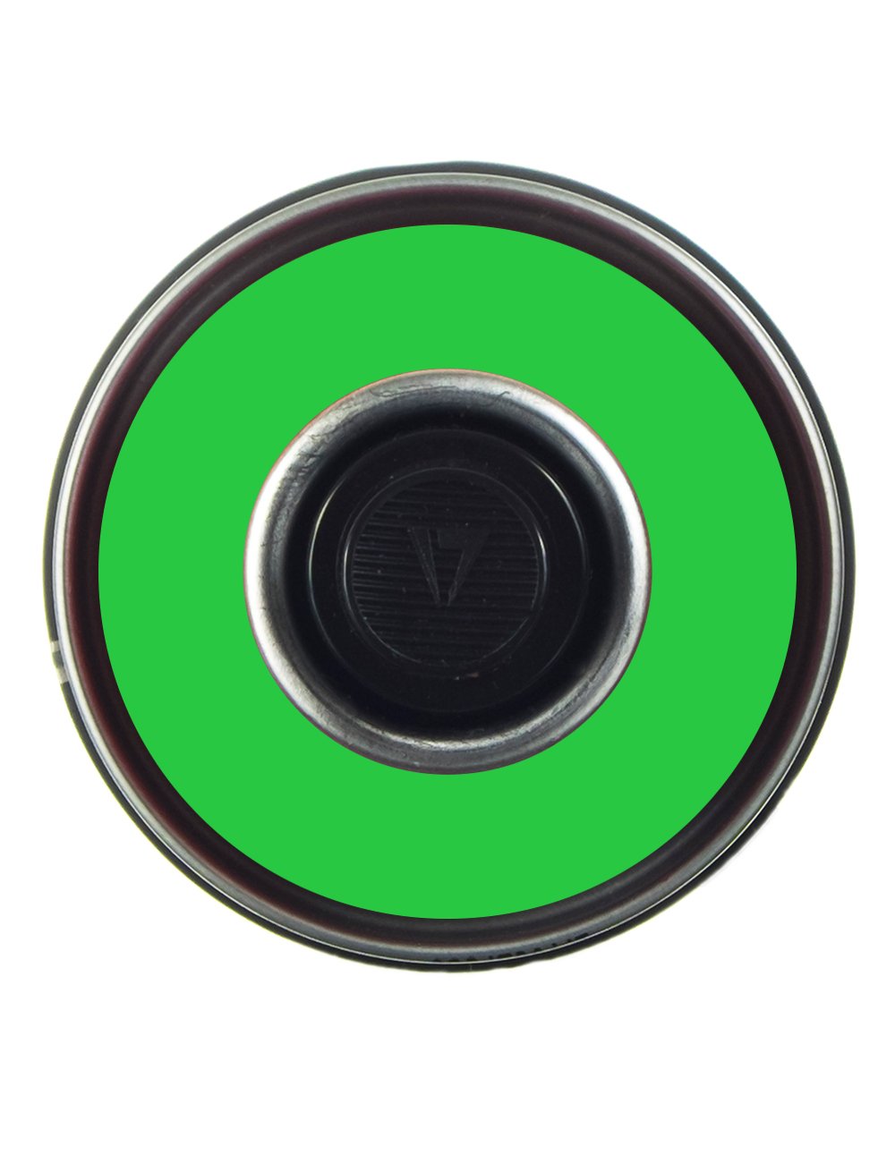Black spray paint can top view with valve nozzle and green rim