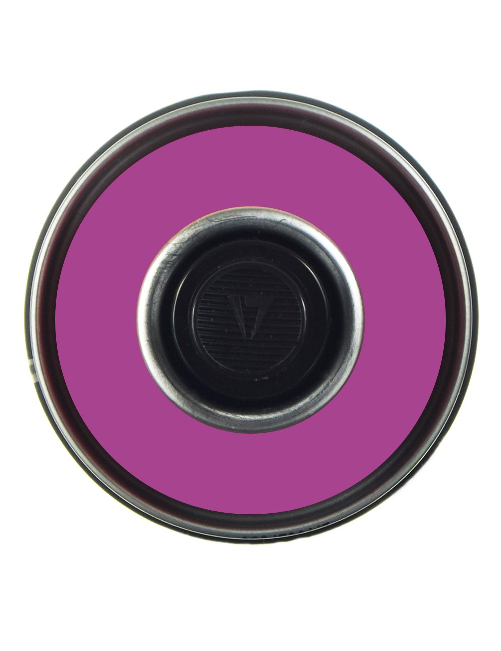 Spray paint can top view with metallic rim and dark valve opening