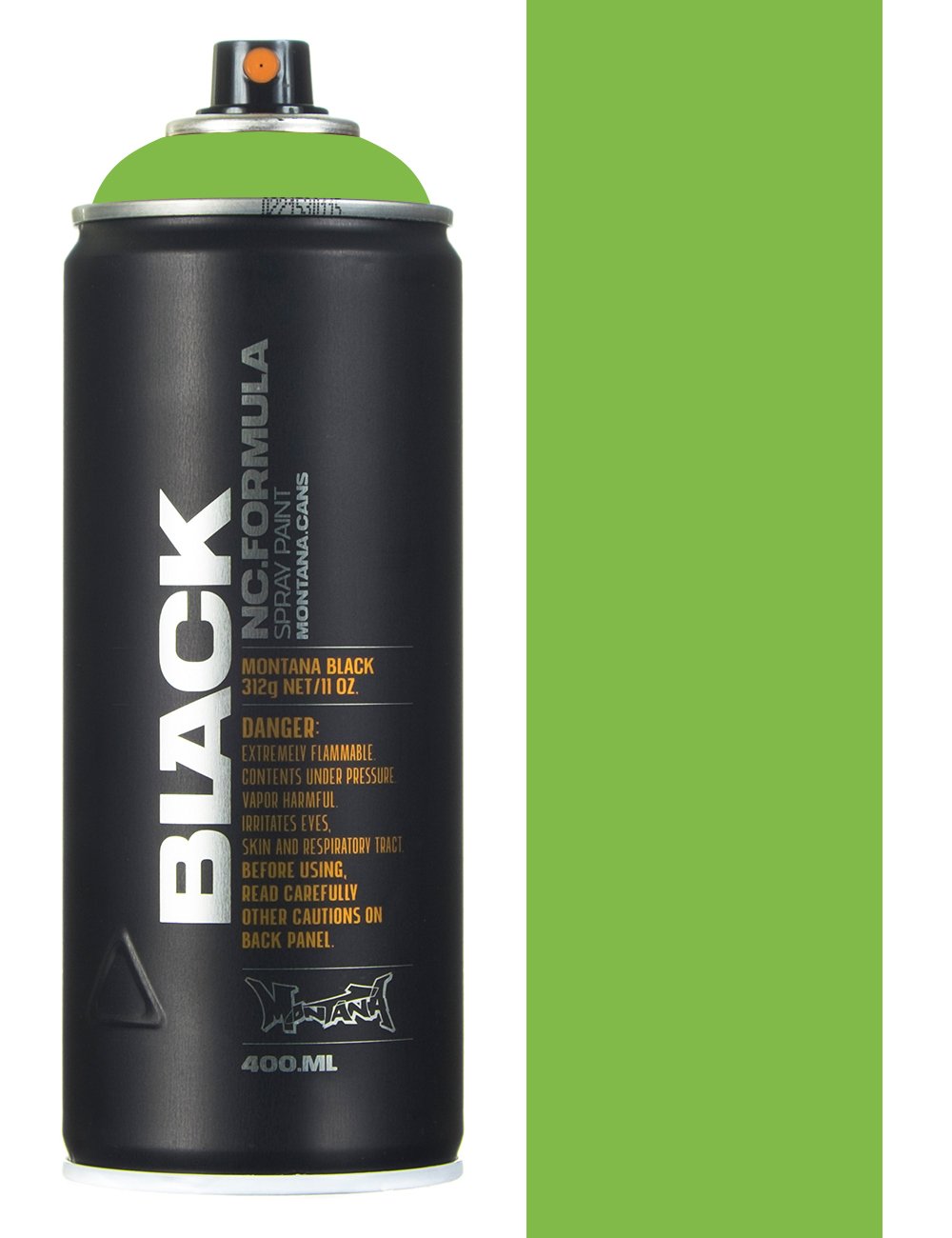 Fluorescent spray paint can, black body, orange nozzle, safety label, 400 ml