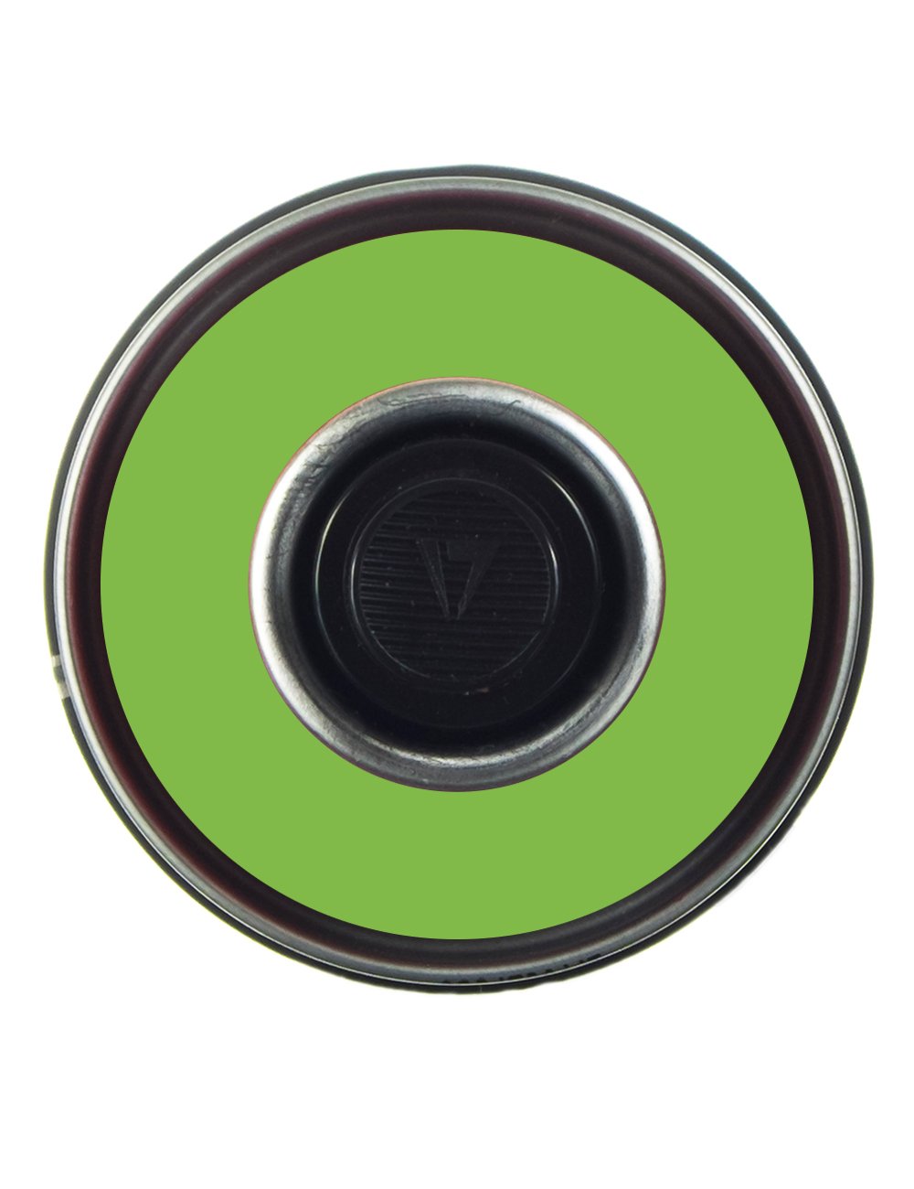 Spray paint can cap, silver rim and black nozzle opening, fluorescent infra green