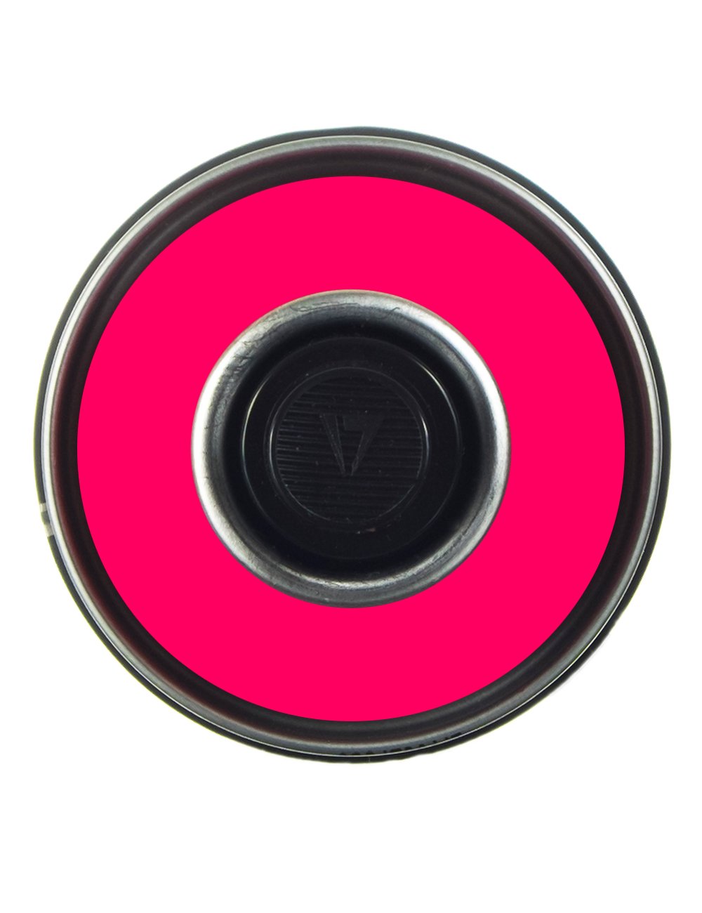 Fluorescent pink aerosol can lid with black nozzle opening and metal rim