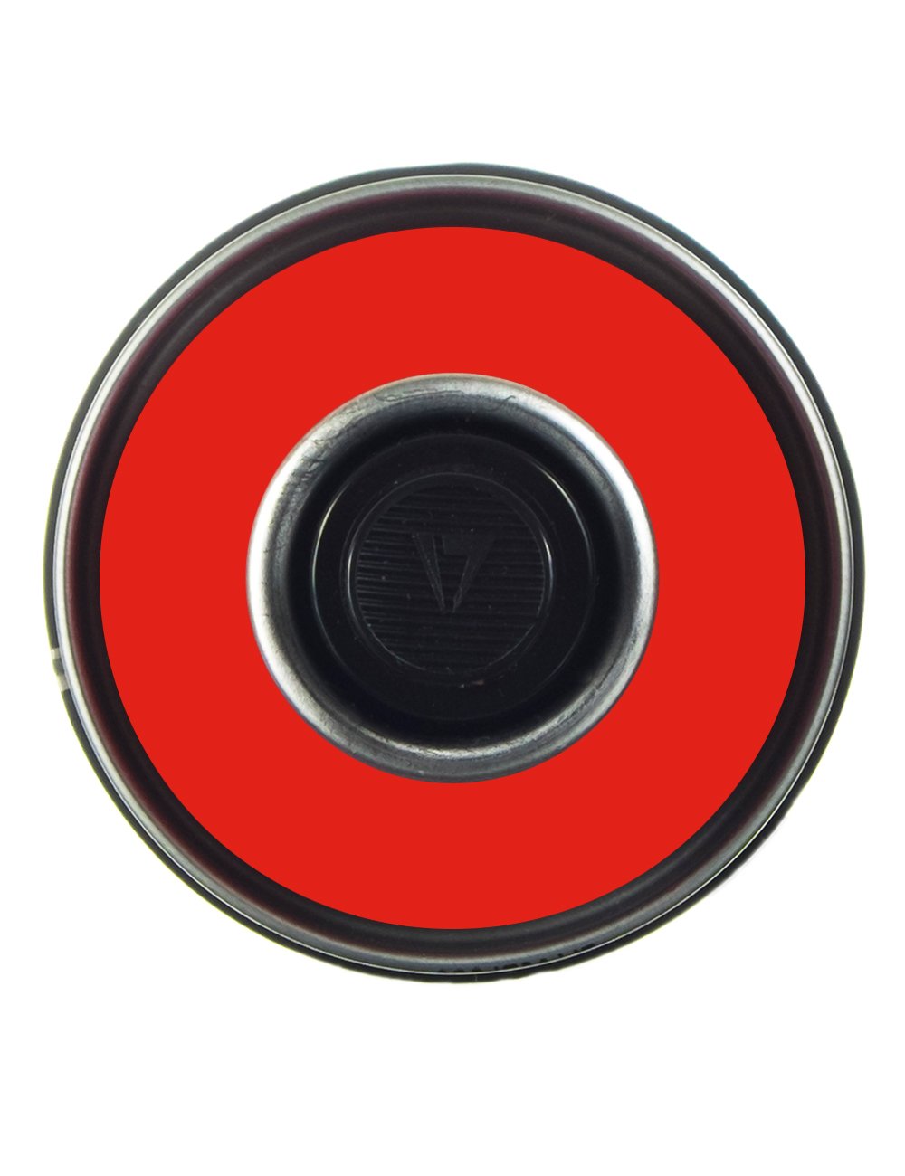 Spray paint can top with red cap and black spray valve