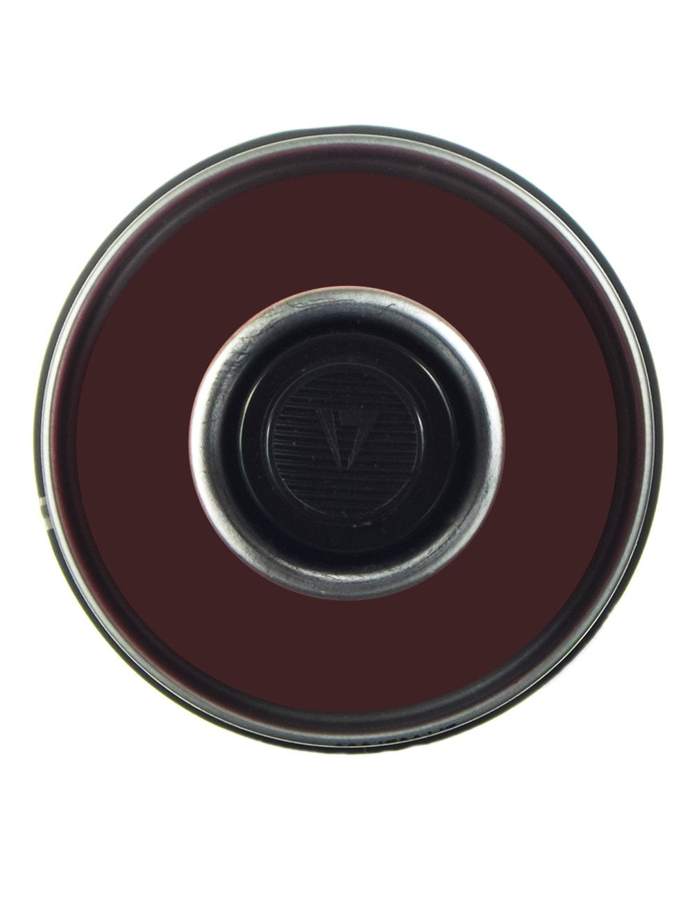 Maroon spray paint can top with metal rim and black nozzle