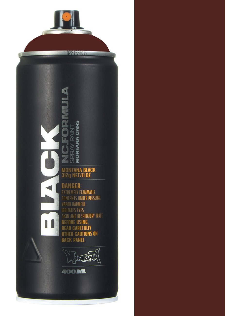 Spray paint can, black body with red-brown cap and front label, 400 ml