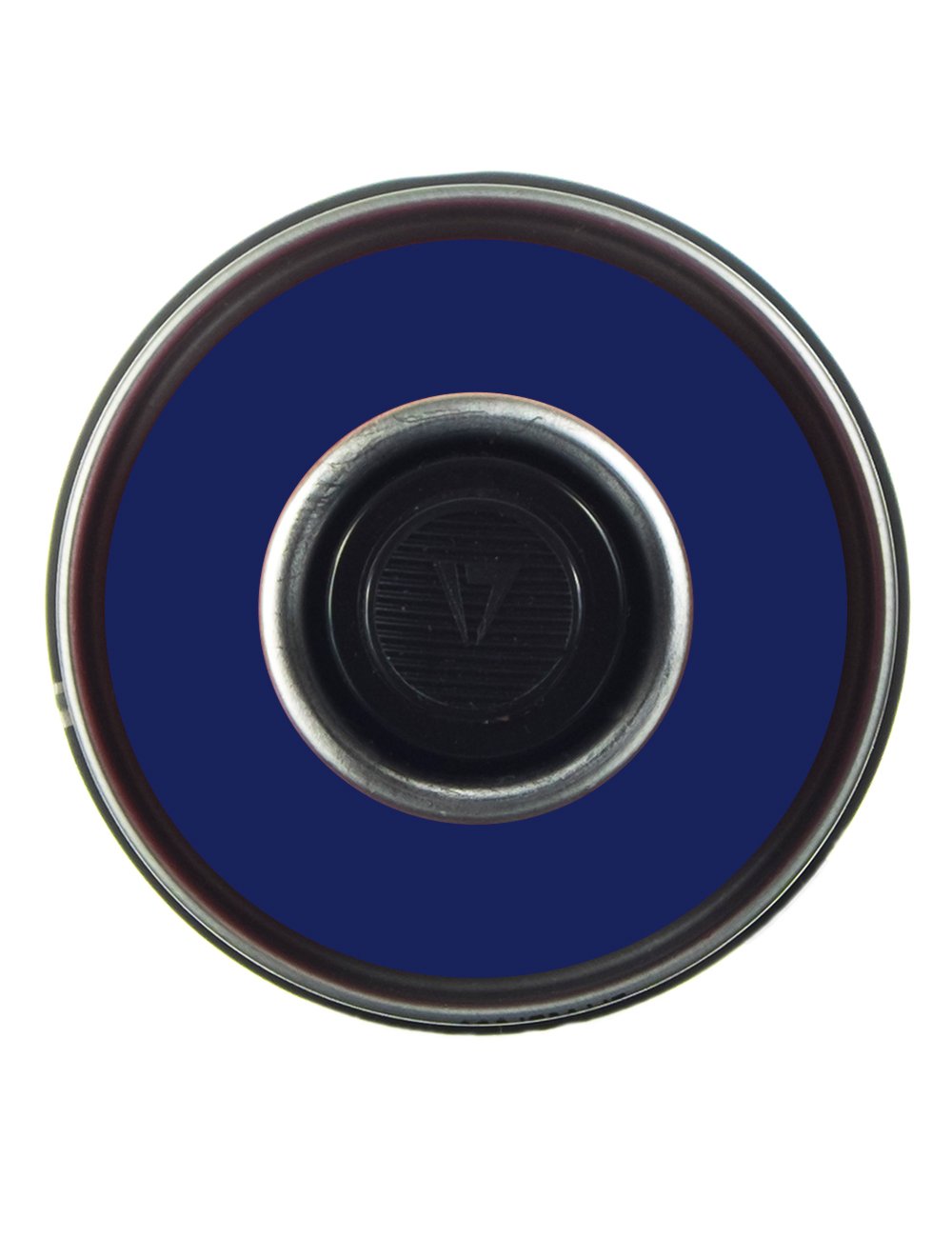 Top of black aerosol spray paint can with metal rim and central valve