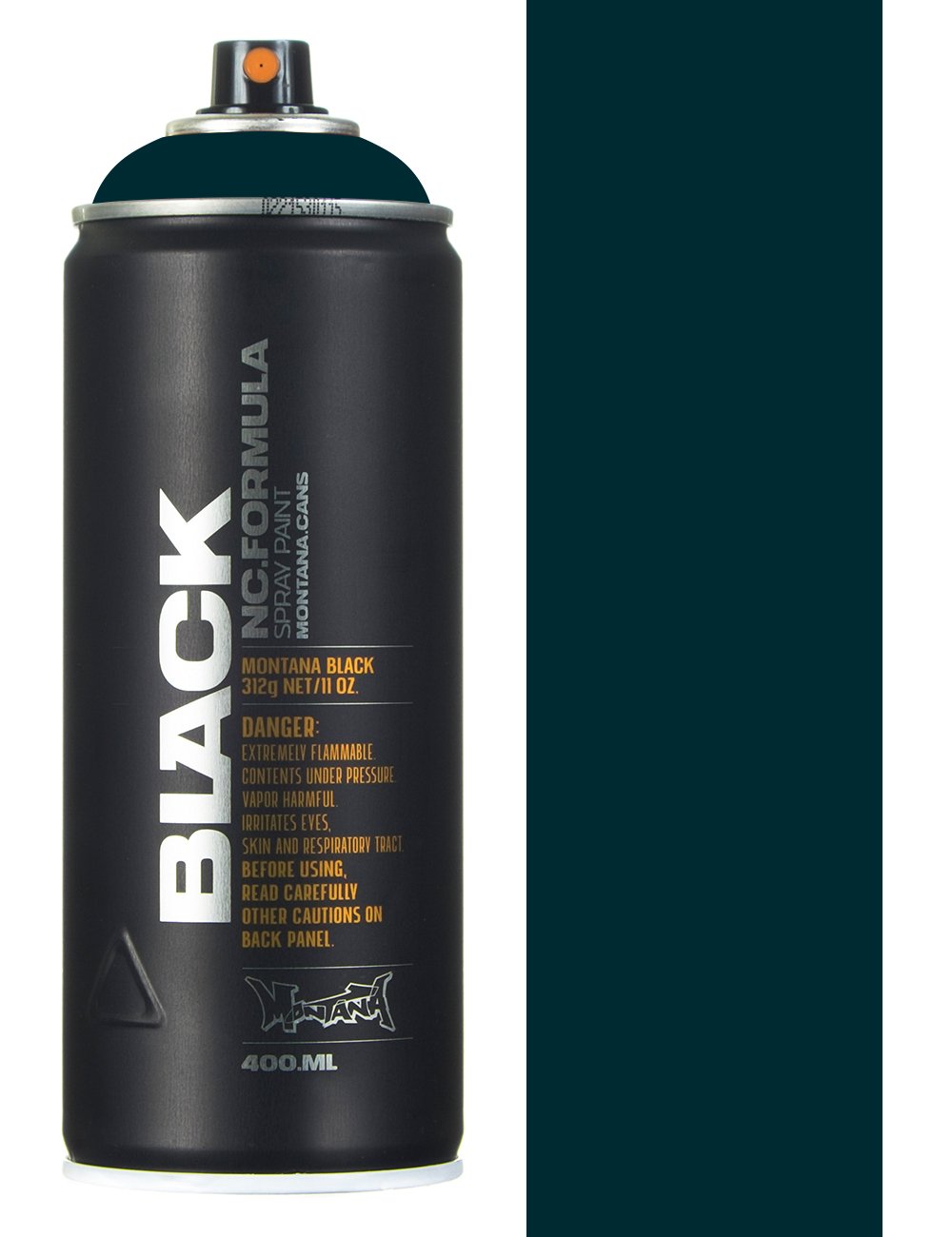 Black spray paint can with vertical label and 400 ml marking