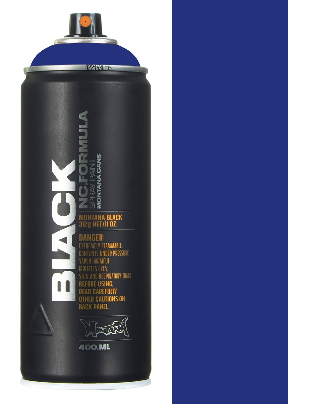 Spray paint can with blue cap and black body, cylindrical nozzle valve