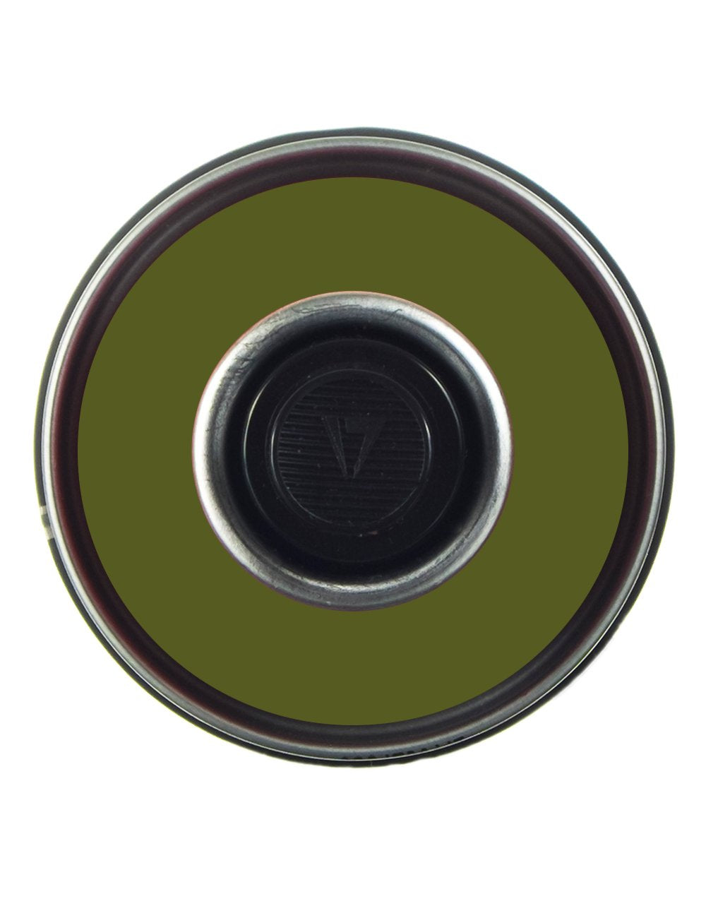 Spray paint can top with green cap, silver rim, and nozzle opening