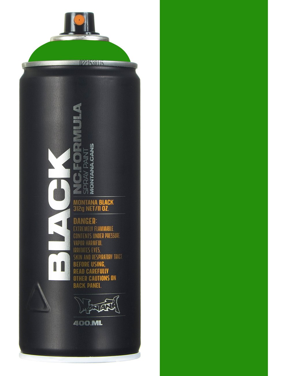 Spray paint can with black body and green cap, front label visible