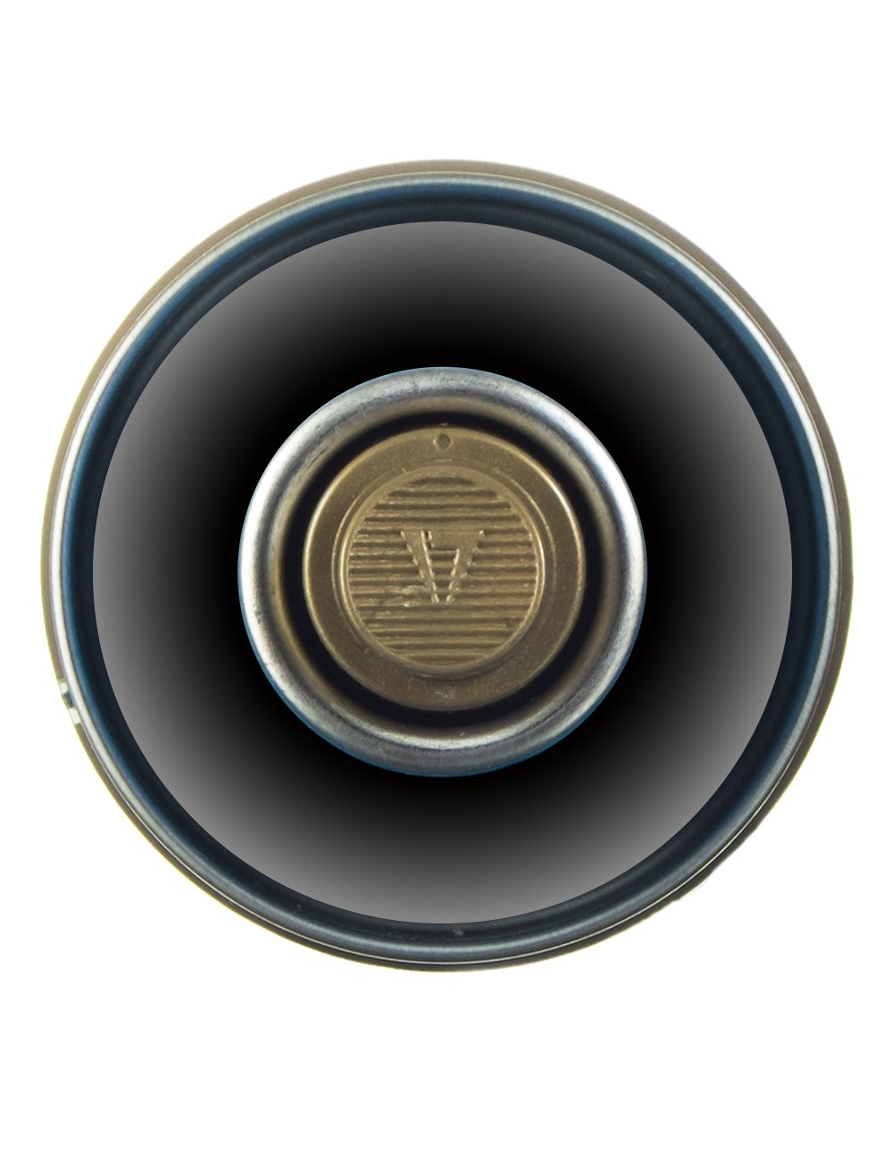 Spray paint can top view with round valve cap and central nozzle opening