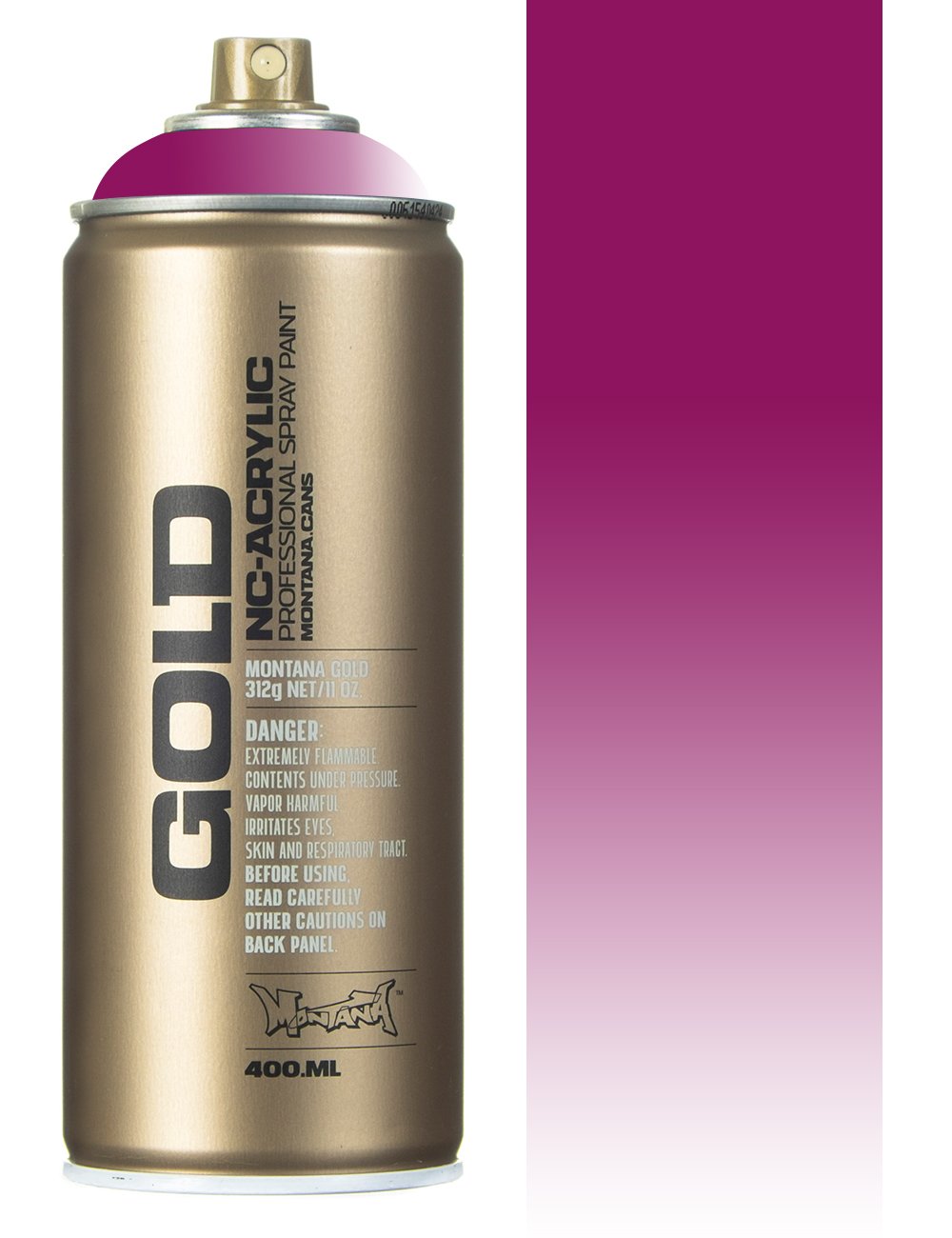 Spray paint can, gold body with purple cap and nozzle