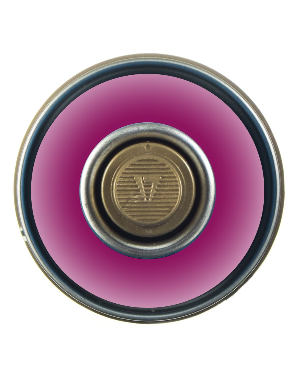 Spray paint can cap from above, circular valve with purple tint