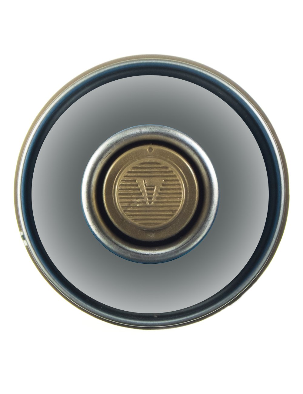 Spray paint can top view with nozzle and round label on metallic cap